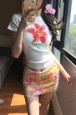 Colorful Floral Print A-Line Midi Skirt for Women, Summer Low Waist Slim Fit Sexy Bodycon Style