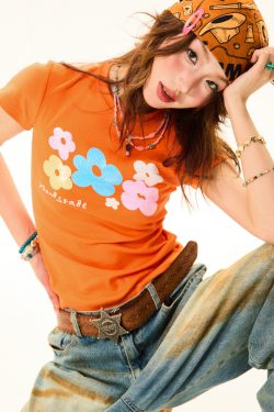 Colorful Floral Shoulder Short Sleeve T-Shirt for Women - Slim Fit Dopamine Crop Top - Summer 90s Style