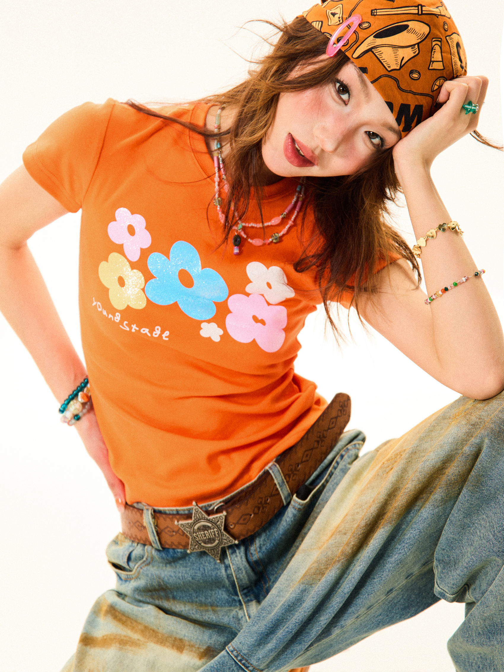 Colorful Floral Shoulder Short Sleeve T-Shirt for Women - Slim Fit Dopamine Crop Top - Summer 90s Style Colorful Floral Shoulder Short Sleeve T-Shirt for Women - Slim Fit Dopamine Crop Top - Summer 90s Style