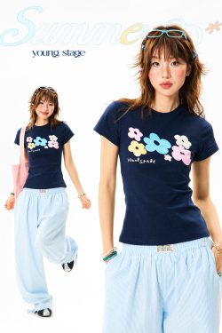 Colorful Floral Shoulder Short Sleeve T-Shirt for Women - Slim Fit Dopamine Crop Top - Summer 90s Style