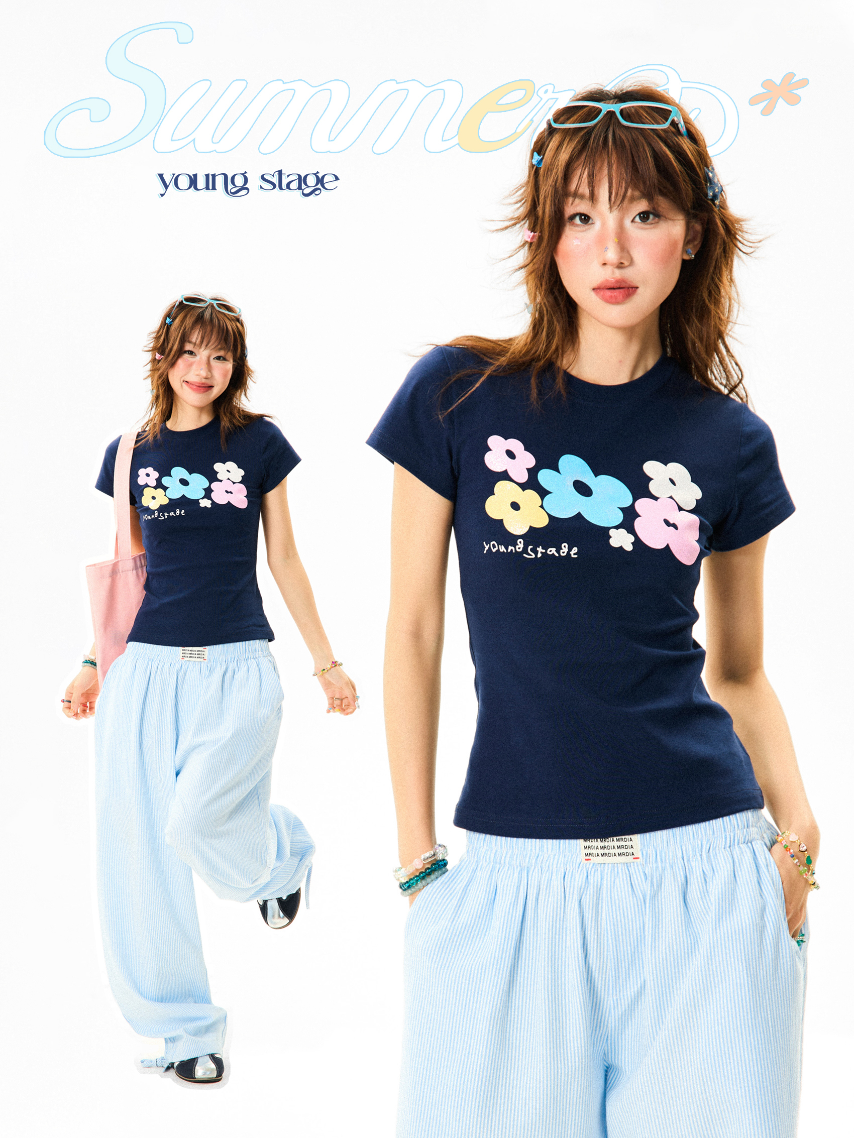 Colorful Floral Shoulder Short Sleeve T-Shirt for Women - Slim Fit Dopamine Crop Top - Summer 90s Style Colorful Floral Shoulder Short Sleeve T-Shirt for Women - Slim Fit Dopamine Crop Top - Summer 90s Style