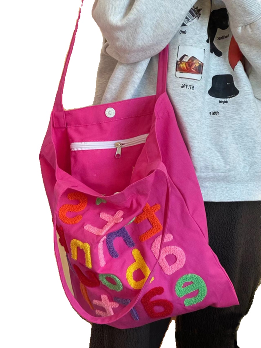 Colorful Letter Canvas Tote Bag - Cute Large-Capacity Shoulder Bag in Dragon Fruit Color for Trendy Early Morning Commuting Colorful Letter Canvas Tote Bag - Cute Large-Capacity Shoulder Bag in Dragon Fruit Color for Trendy Early Morning Commuting
