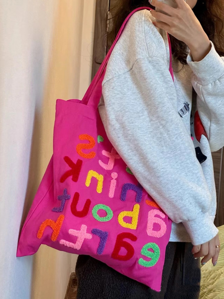 Colorful Letter Canvas Tote Bag - Cute Large-Capacity Shoulder Bag in Dragon Fruit Color for Trendy Early Morning Commuting Colorful Letter Canvas Tote Bag - Cute Large-Capacity Shoulder Bag in Dragon Fruit Color for Trendy Early Morning Commuting