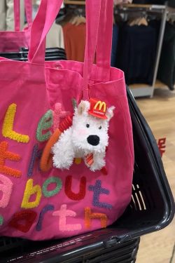 Colorful Letter Canvas Tote Bag - Cute Large-Capacity Shoulder Bag in Dragon Fruit Color for Trendy Early Morning Commuting