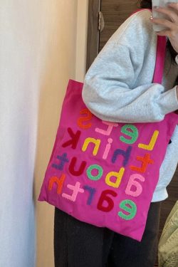 Colorful Letter Canvas Tote Bag - Cute Large-Capacity Shoulder Bag in Dragon Fruit Color for Trendy Early Morning Commuting