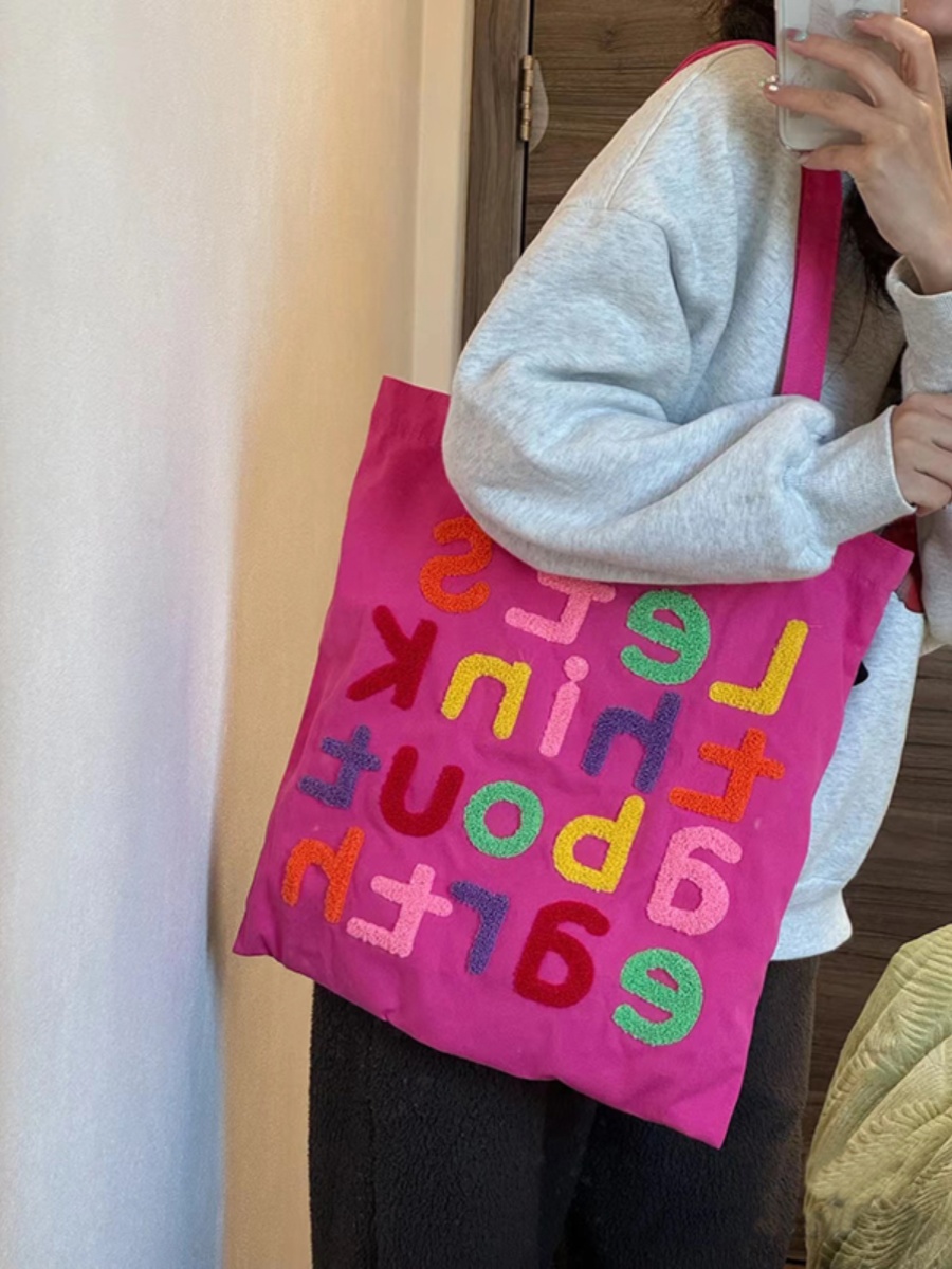 Colorful Letter Canvas Tote Bag - Cute Large-Capacity Shoulder Bag in Dragon Fruit Color for Trendy Early Morning Commuting Colorful Letter Canvas Tote Bag - Cute Large-Capacity Shoulder Bag in Dragon Fruit Color for Trendy Early Morning Commuting