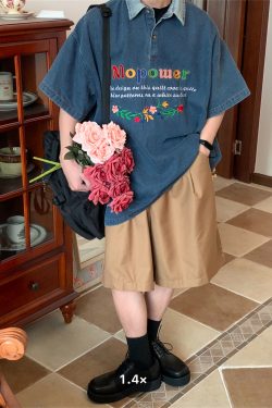 Colorful Letter Embroidered Denim Polo Shirt - Retro 90s Style Turn-Down Collar, Loose BF Fit, Casual Short Sleeve for Summer 2024