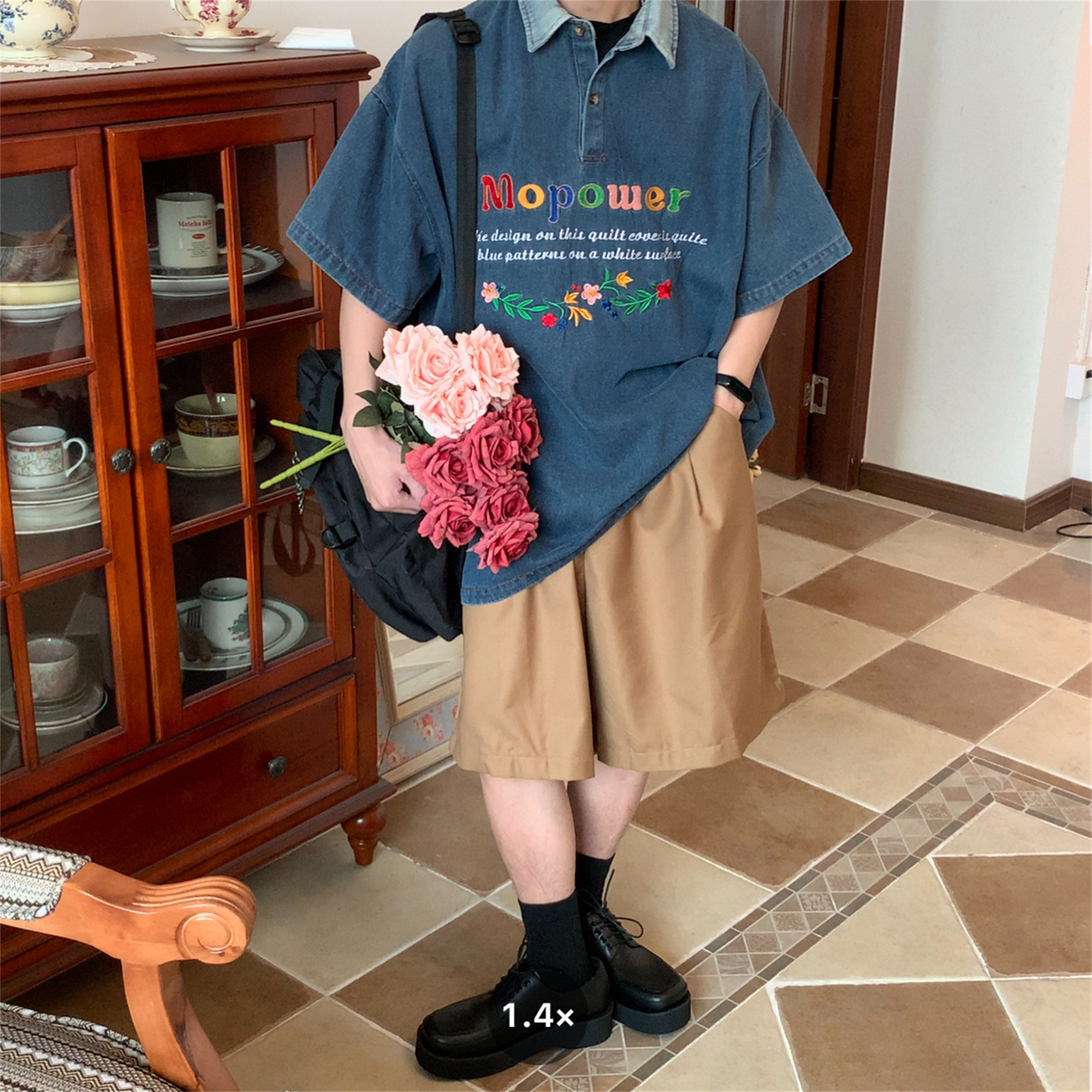 Colorful Letter Embroidered Denim Polo Shirt - Retro 90s Style Turn-Down Collar, Loose BF Fit, Casual Short Sleeve for Summer 2024 Colorful Letter Embroidered Denim Polo Shirt - Retro 90s Style Turn-Down Collar, Loose BF Fit, Casual Short Sleeve for Summer 2024