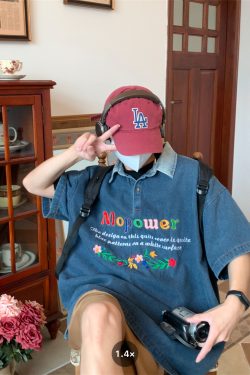 Colorful Letter Embroidered Denim Polo Shirt - Retro 90s Style Turn-Down Collar, Loose BF Fit, Casual Short Sleeve for Summer 2024