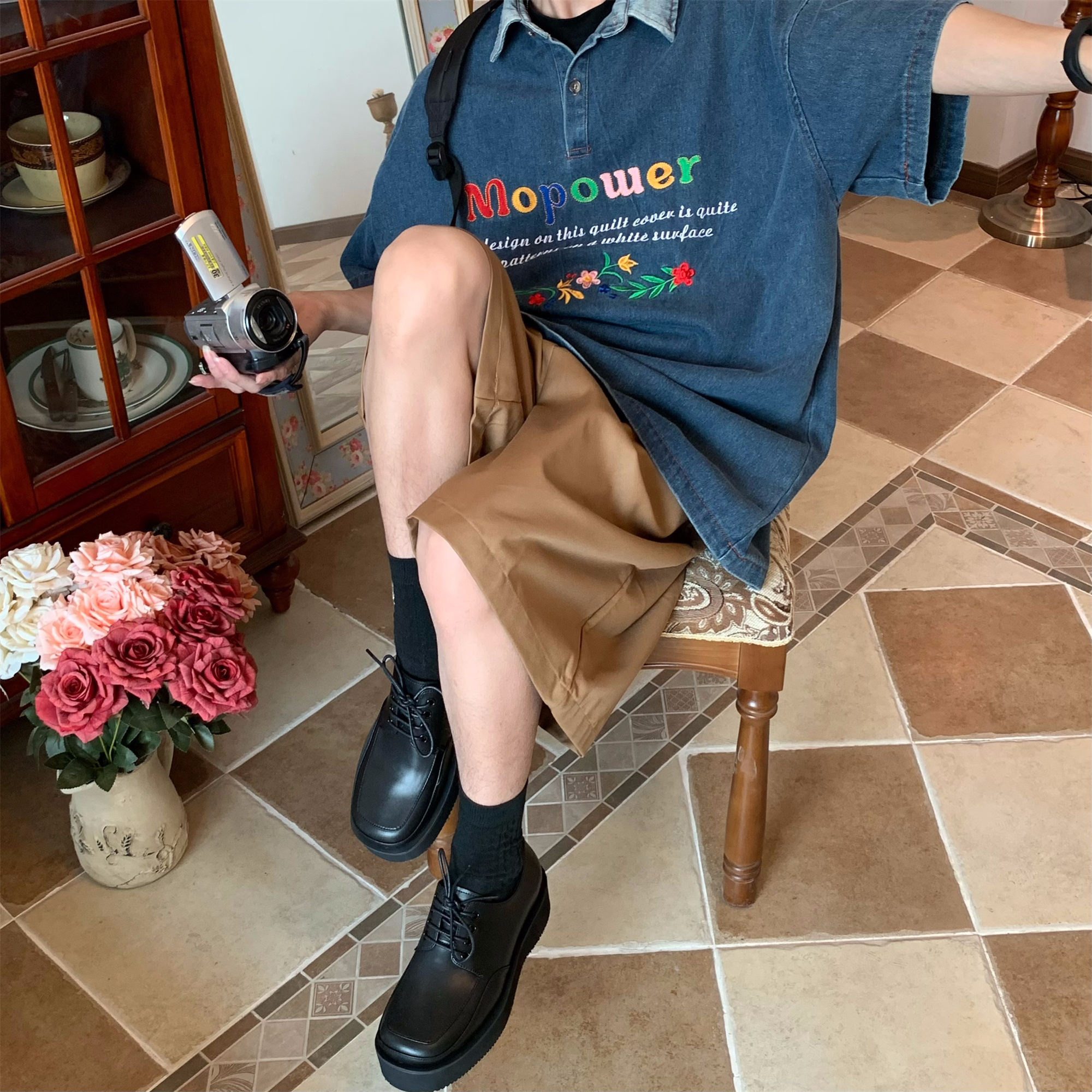 Colorful Letter Embroidered Denim Polo Shirt - Retro 90s Style Turn-Down Collar, Loose BF Fit, Casual Short Sleeve for Summer 2024 Colorful Letter Embroidered Denim Polo Shirt - Retro 90s Style Turn-Down Collar, Loose BF Fit, Casual Short Sleeve for Summer 2024