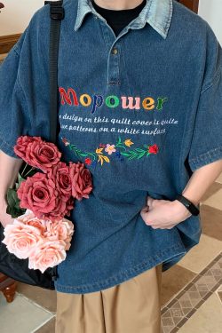 Colorful Letter Embroidered Denim Polo Shirt - Retro 90s Style Turn-Down Collar, Loose BF Fit, Casual Short Sleeve for Summer 2024