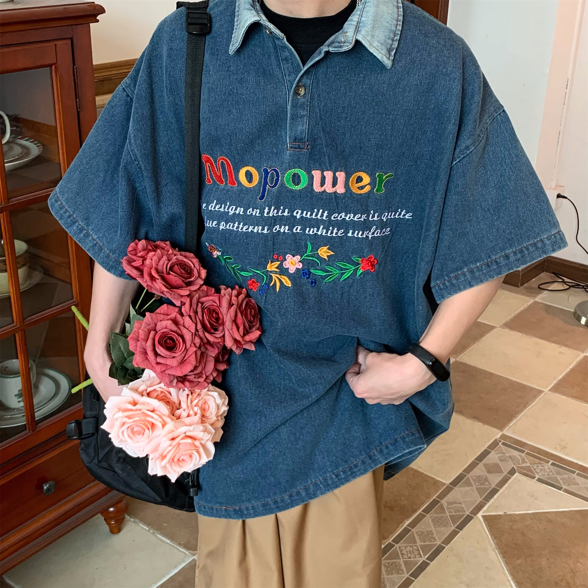 Colorful Letter Embroidered Denim Polo Shirt - Retro 90s Style Turn-Down Collar, Loose BF Fit, Casual Short Sleeve for Summer 2024 Colorful Letter Embroidered Denim Polo Shirt - Retro 90s Style Turn-Down Collar, Loose BF Fit, Casual Short Sleeve for Summer 2024