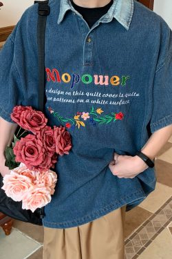 Colorful Letter Embroidered Denim Polo Shirt - Retro 90s Style Turn-Down Collar, Loose BF Fit, Casual Short Sleeve for Summer 2024
