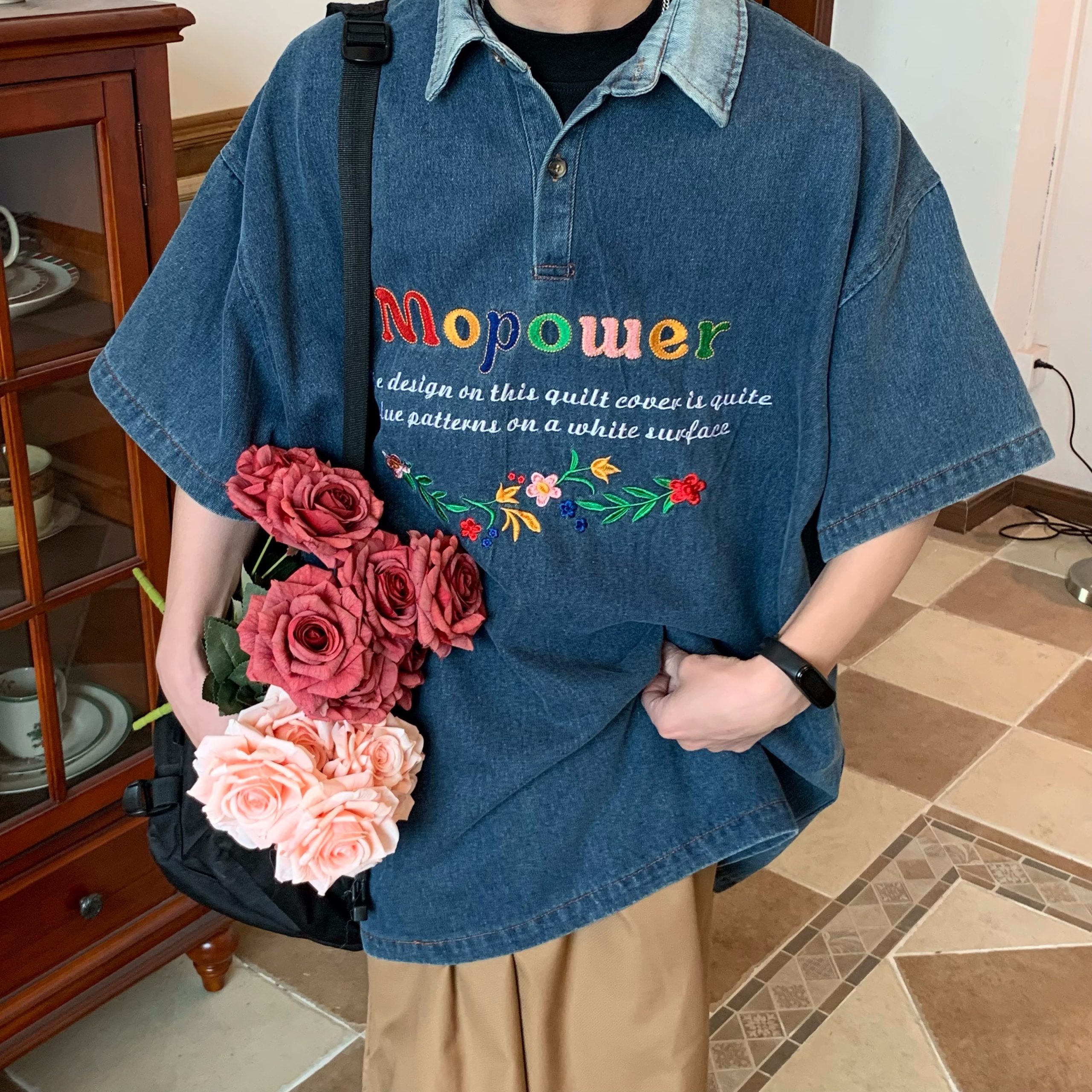 Colorful Letter Embroidered Denim Polo Shirt - Retro 90s Style Turn-Down Collar, Loose BF Fit, Casual Short Sleeve for Summer 2024 Colorful Letter Embroidered Denim Polo Shirt - Retro 90s Style Turn-Down Collar, Loose BF Fit, Casual Short Sleeve for Summer 2024