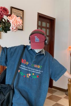 Colorful Letter Embroidered Denim Polo Shirt - Retro 90s Style Turn-Down Collar, Loose BF Fit, Casual Short Sleeve for Summer 2024