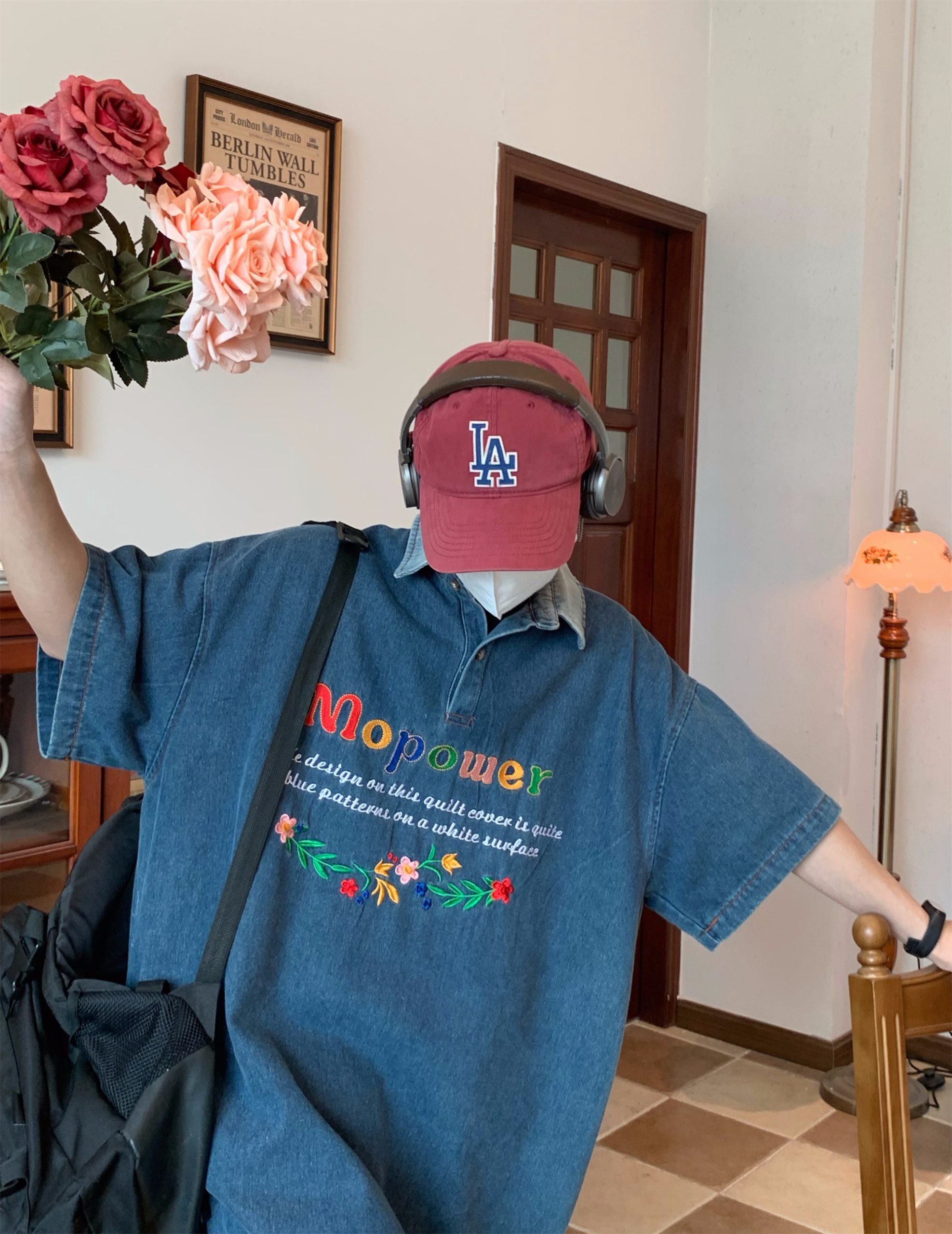 Colorful Letter Embroidered Denim Polo Shirt - Retro 90s Style Turn-Down Collar, Loose BF Fit, Casual Short Sleeve for Summer 2024 Colorful Letter Embroidered Denim Polo Shirt - Retro 90s Style Turn-Down Collar, Loose BF Fit, Casual Short Sleeve for Summer 2024