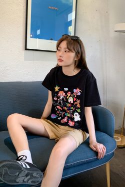 Colorful Printed Loose Short Sleeve T-shirt for Women - Fun Spring 2025 Slim Top, Casual 90s Style