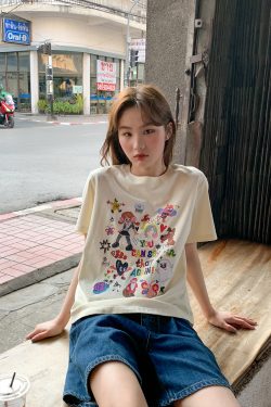 Colorful Printed Loose Short Sleeve T-shirt for Women - Fun Spring 2025 Slim Top, Casual 90s Style