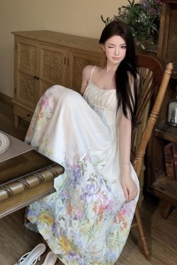 Colorful Rainbow Handmade Tailored Heavy Print Strap Dress with Waist-Cinching Slimming Long Skirt - Boho Style, Summer Fashion