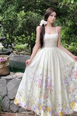 Colorful Rainbow Handmade Tailored Heavy Print Strap Dress with Waist-Cinching Slimming Long Skirt - Boho Style, Summer Fashion