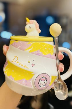 Colorful Rainbow Unicorn Ceramic Mug with Lid and Spoon, Cute Girly Water Cup for Office or Home Coffee