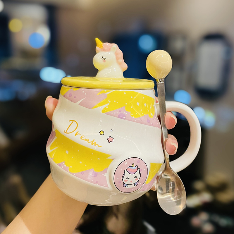 Colorful Rainbow Unicorn Ceramic Mug with Lid and Spoon, Cute Girly Water Cup for Office or Home Coffee Colorful Rainbow Unicorn Ceramic Mug with Lid and Spoon, Cute Girly Water Cup for Office or Home Coffee