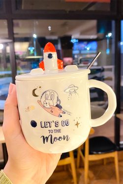 Colorful Rainbow Unicorn Ceramic Mug with Lid and Spoon, Cute Girly Water Cup for Office or Home Coffee