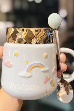 Colorful Rainbow Unicorn Ceramic Mug with Lid and Spoon, Cute Girly Water Cup for Office or Home Coffee