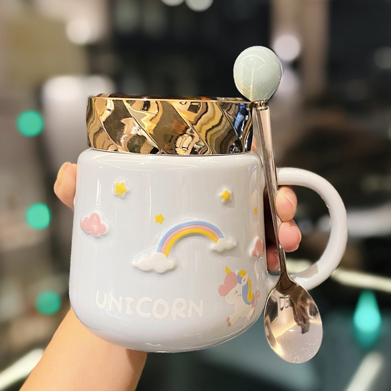 Colorful Rainbow Unicorn Ceramic Mug with Lid and Spoon, Cute Girly Water Cup for Office or Home Coffee Colorful Rainbow Unicorn Ceramic Mug with Lid and Spoon, Cute Girly Water Cup for Office or Home Coffee