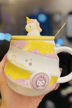 Colorful Rainbow Unicorn Ceramic Mug with Lid and Spoon, Cute Girly Water Cup for Office or Home Coffee