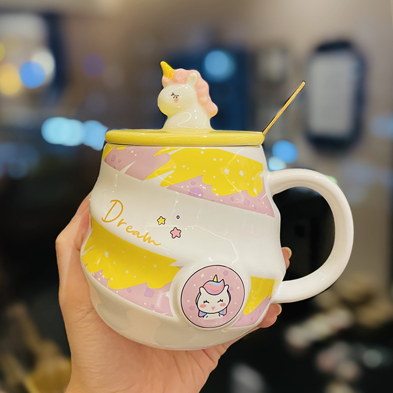 Colorful Rainbow Unicorn Ceramic Mug with Lid and Spoon, Cute Girly Water Cup for Office or Home Coffee Colorful Rainbow Unicorn Ceramic Mug with Lid and Spoon, Cute Girly Water Cup for Office or Home Coffee
