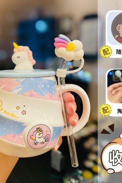 Colorful Rainbow Unicorn Ceramic Mug with Lid and Spoon, Cute Girly Water Cup for Office or Home Coffee