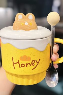 Colorful Rainbow Unicorn Ceramic Mug with Lid and Spoon, Cute Girly Water Cup for Office or Home Coffee