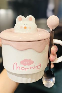 Colorful Rainbow Unicorn Ceramic Mug with Lid and Spoon, Cute Girly Water Cup for Office or Home Coffee