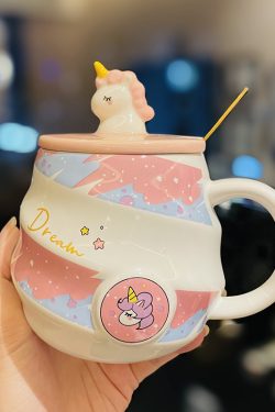 Colorful Rainbow Unicorn Ceramic Mug with Lid and Spoon, Cute Girly Water Cup for Office or Home Coffee