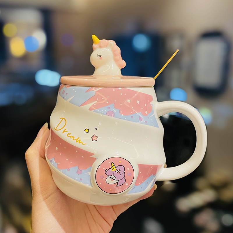 Colorful Rainbow Unicorn Ceramic Mug with Lid and Spoon, Cute Girly Water Cup for Office or Home Coffee Colorful Rainbow Unicorn Ceramic Mug with Lid and Spoon, Cute Girly Water Cup for Office or Home Coffee