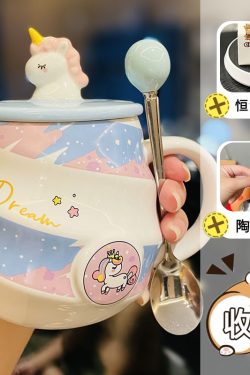 Colorful Rainbow Unicorn Ceramic Mug with Lid and Spoon, Cute Girly Water Cup for Office or Home Coffee