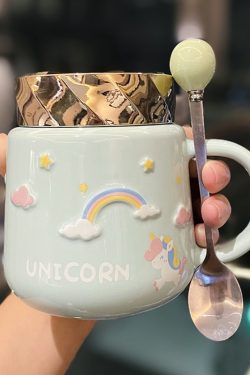 Colorful Rainbow Unicorn Ceramic Mug with Lid and Spoon, Cute Girly Water Cup for Office or Home Coffee
