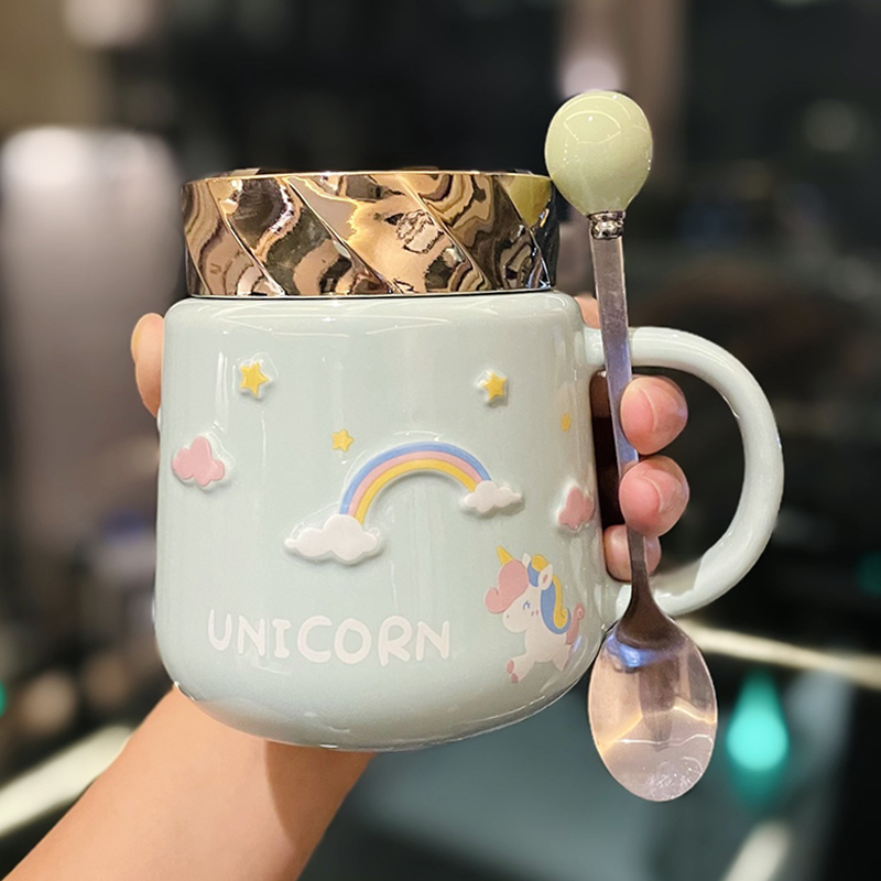 Colorful Rainbow Unicorn Ceramic Mug with Lid and Spoon, Cute Girly Water Cup for Office or Home Coffee Colorful Rainbow Unicorn Ceramic Mug with Lid and Spoon, Cute Girly Water Cup for Office or Home Coffee