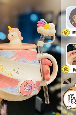 Colorful Rainbow Unicorn Ceramic Mug with Lid and Spoon, Cute Girly Water Cup for Office or Home Coffee