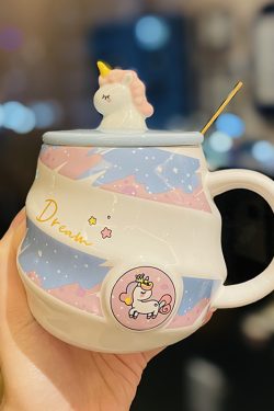 Colorful Rainbow Unicorn Ceramic Mug with Lid and Spoon, Cute Girly Water Cup for Office or Home Coffee