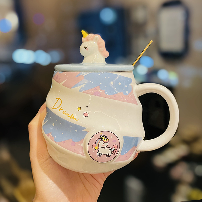Colorful Rainbow Unicorn Ceramic Mug with Lid and Spoon, Cute Girly Water Cup for Office or Home Coffee Colorful Rainbow Unicorn Ceramic Mug with Lid and Spoon, Cute Girly Water Cup for Office or Home Coffee