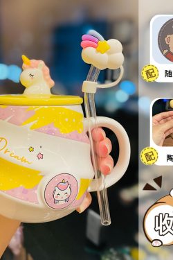 Colorful Rainbow Unicorn Ceramic Mug with Lid and Spoon, Cute Girly Water Cup for Office or Home Coffee