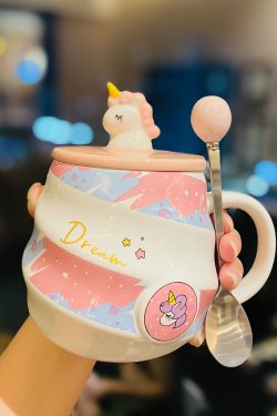 Colorful Rainbow Unicorn Ceramic Mug with Lid and Spoon, Cute Girly Water Cup for Office or Home Coffee