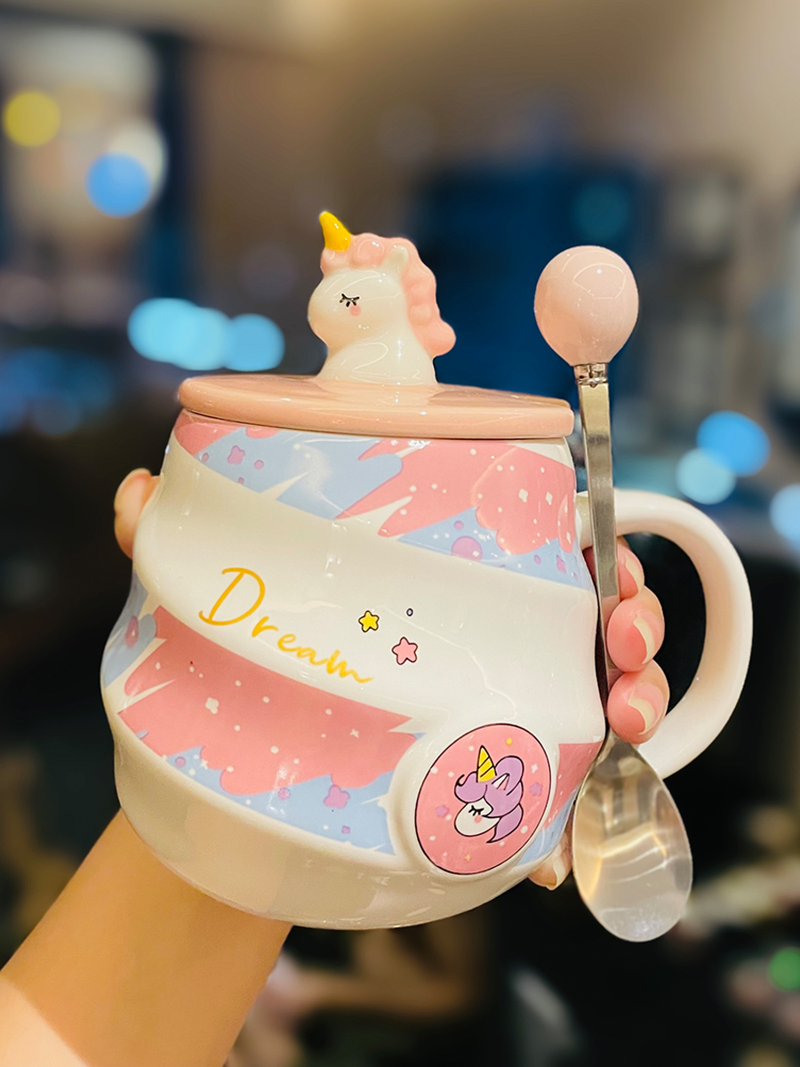 Colorful Rainbow Unicorn Ceramic Mug with Lid and Spoon, Cute Girly Water Cup for Office or Home Coffee Colorful Rainbow Unicorn Ceramic Mug with Lid and Spoon, Cute Girly Water Cup for Office or Home Coffee