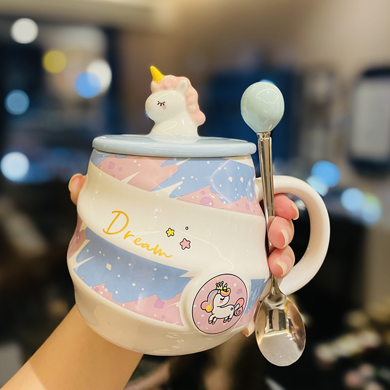 Colorful Rainbow Unicorn Ceramic Mug with Lid and Spoon, Cute Girly Water Cup for Office or Home Coffee Colorful Rainbow Unicorn Ceramic Mug with Lid and Spoon, Cute Girly Water Cup for Office or Home Coffee