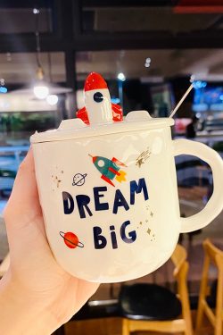 Colorful Rainbow Unicorn Ceramic Mug with Lid and Spoon, Cute Girly Water Cup for Office or Home Coffee