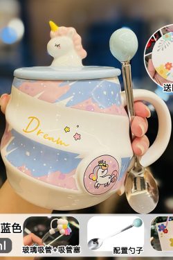 Colorful Rainbow Unicorn Ceramic Mug with Lid and Spoon, Cute Girly Water Cup for Office or Home Coffee
