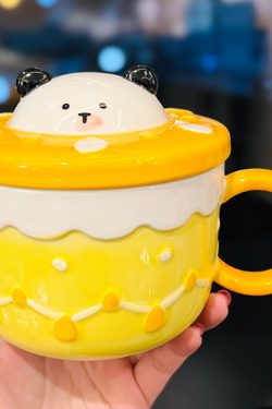 Colorful Rainbow Unicorn Ceramic Mug with Lid and Spoon, Cute Girly Water Cup for Office or Home Coffee