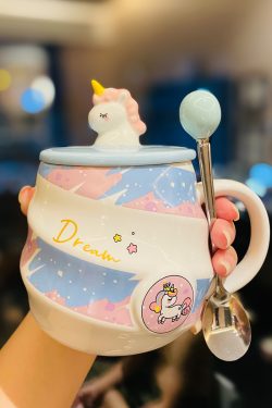 Colorful Rainbow Unicorn Ceramic Mug with Lid and Spoon, Cute Girly Water Cup for Office or Home Coffee